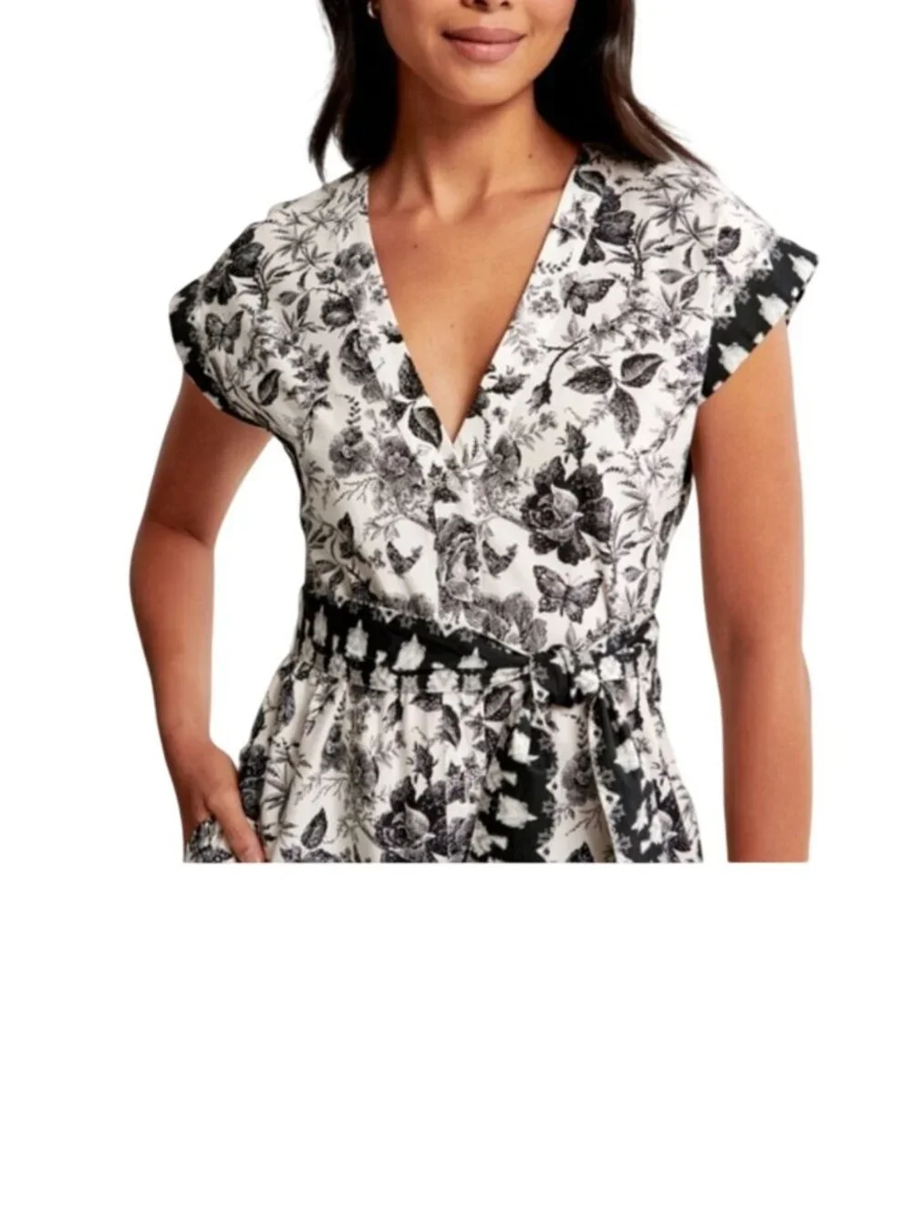 Abercrombie & Fitch Womens Floral Black White Maxi Dress Belted Waist Large Tall - Picture 2 of 14